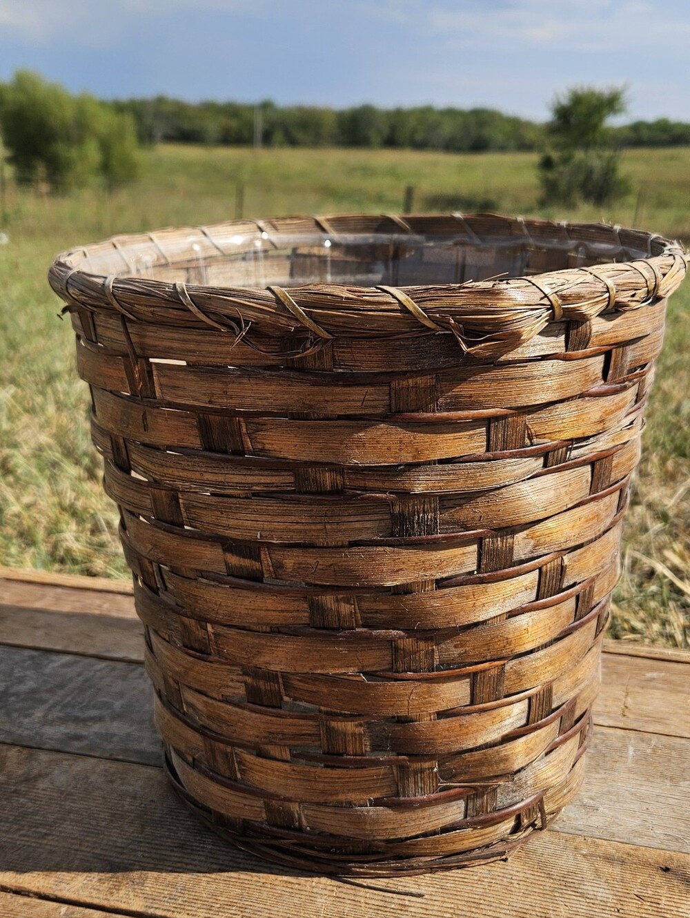 Vintage Wicker Planter Basket Round Bamboo Rattan Pot Cover Boho Farmhouse Decor